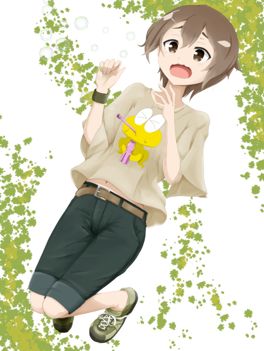 :o absurdres belt black_pants blowing_bubbles brown_hair brown_shirt bubble female frog fujimori_mito highres midriff_peek navel negi_toro pants pyonkichi shirt shoes sneakers soap_bubbles wavy_mouth wristband yuuki_yuuna_wa_yuusha_de_aru yuusha_de_aru