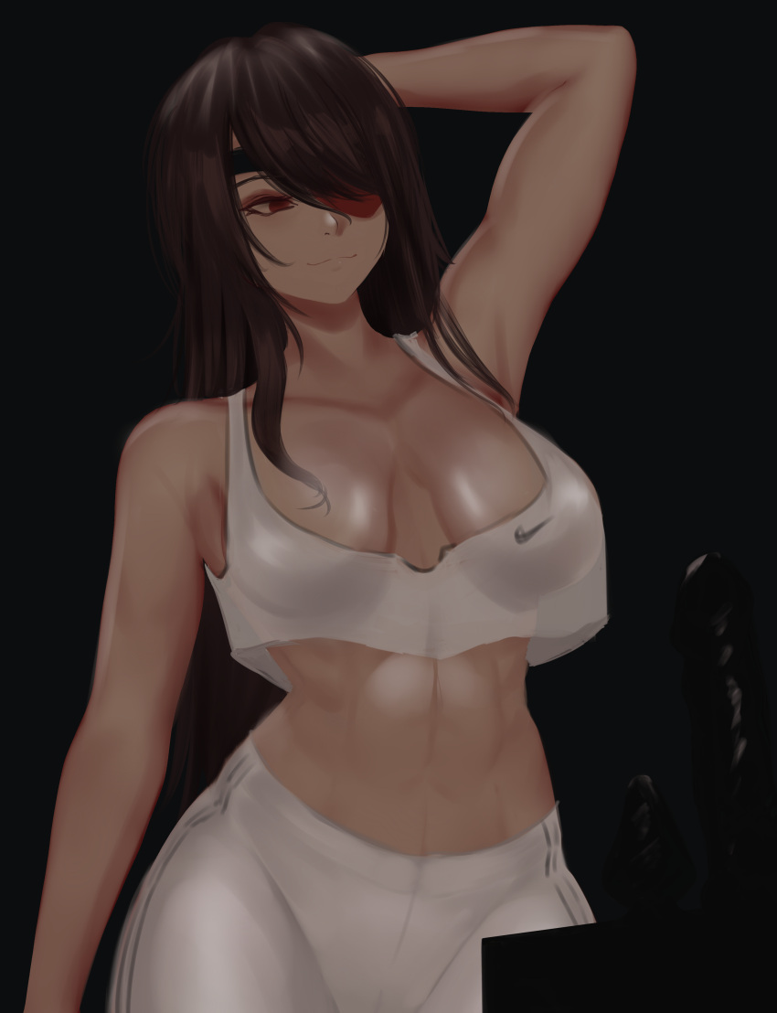 abs absurdres arm_behind_head arm_up armpits bad_id bad_pixiv_id bare_shoulders beidou_(genshin_impact) black_background breasts brown_hair butt_plug cleavage closed_mouth colored_eyepatch crop_top crop_top_overhang dildo eyepatch female genshin_impact hair_over_one_eye highres large_breasts long_hair one_eye_covered pants red_eyes sex_toy smile solo sportswear stomach swept_bangs tight_clothes tight_pants toned yoga_pants zaki_(zaki_btw)