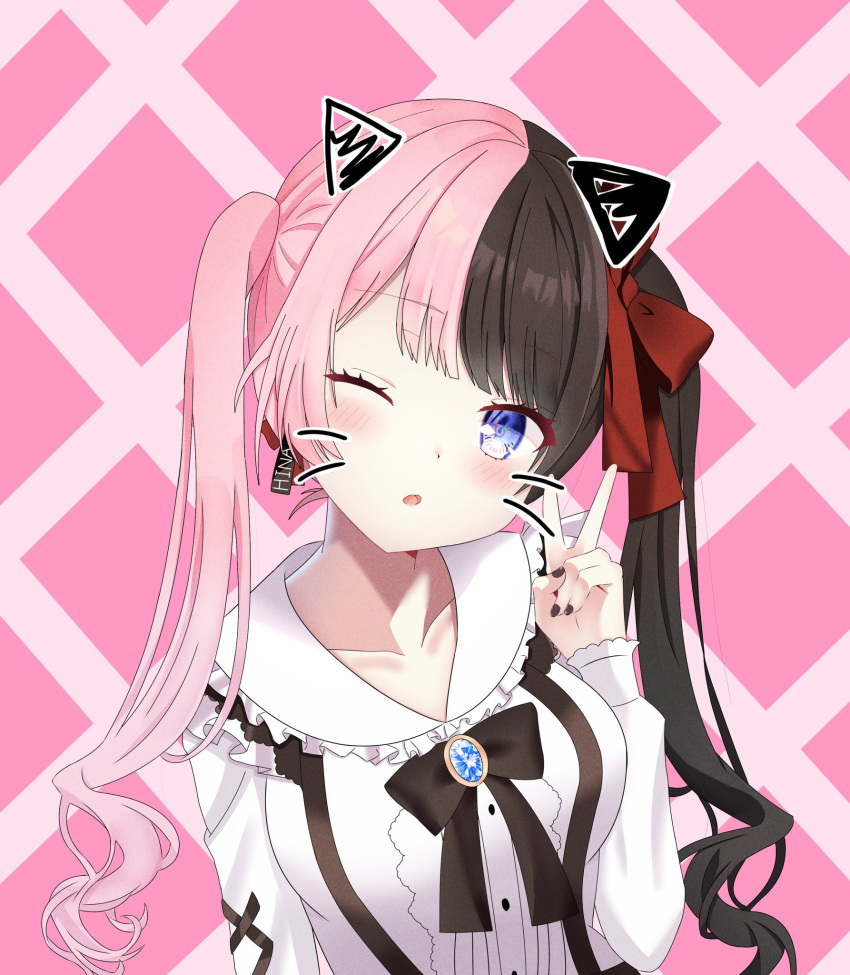 animal_ears black_bow black_hair black_nails black_neckwear black_ribbon blue_eyes blunt_bangs bow breasts brooch collarbone collared_shirt drawn_ears drawn_whiskers earrings face_filter female frills hair_ribbon high-waist_skirt highres iris_black_games jewelry long_hair long_sleeves looking_at_viewer medium_breasts multicolored_hair nail_polish one_eye_closed open_mouth pink_background pink_hair red_ribbon ribbon shirt shun_(shu1344) skirt solo split-color_hair suspenders tachibana_hinano_(1st_costume) tachibana_hinano_(vtuber) twintails two-tone_hair v virtual_youtuber vspo! white_shirt