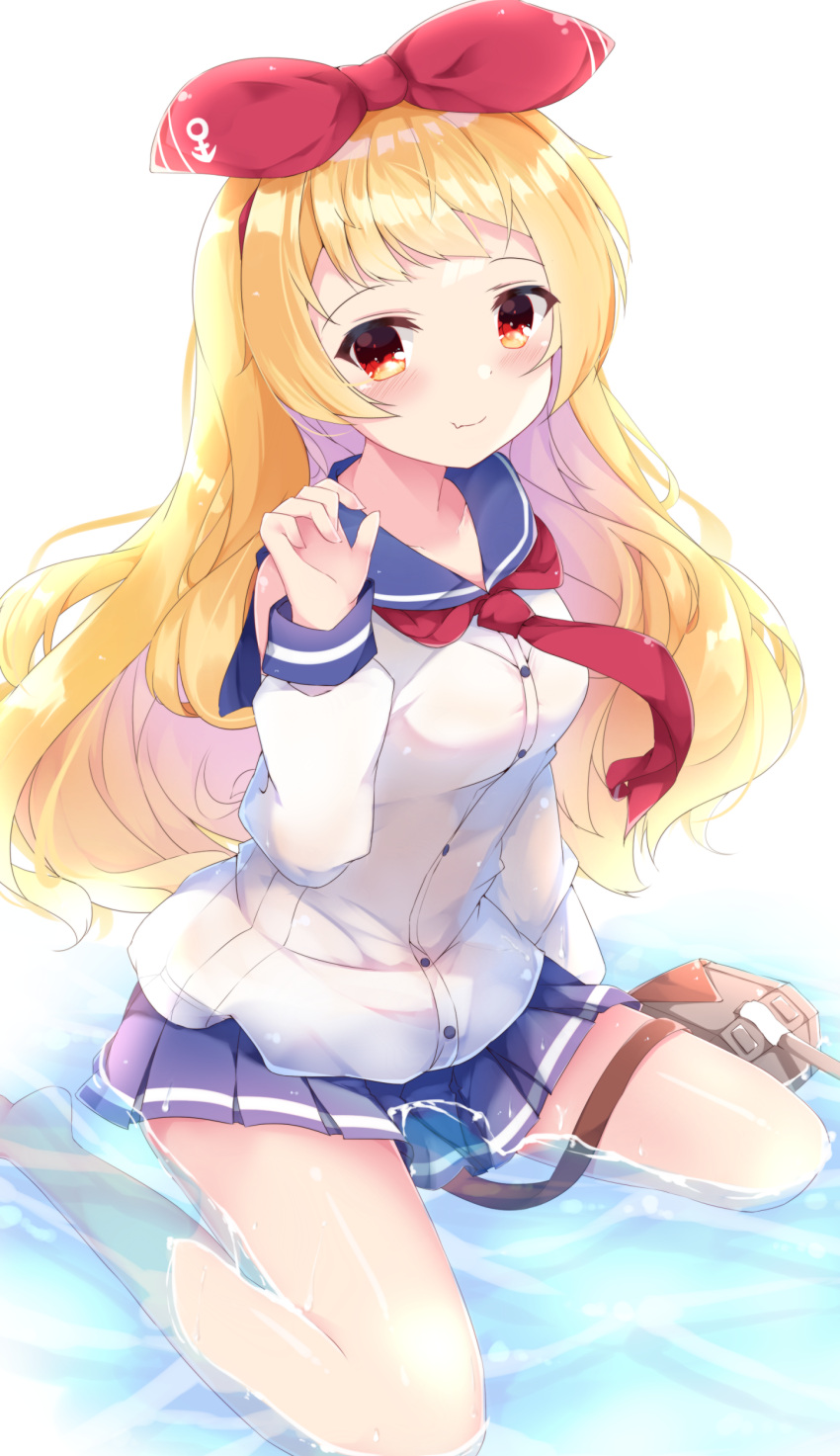 absurdres azur_lane barefoot blonde_hair blue_sailor_collar blue_skirt blush breasts cannon closed_mouth commentary_request commission female fuuna hair_ribbon hand_up highres jenkins_(azur_lane) long_hair long_sleeves looking_at_viewer medium_breasts necktie pleated_skirt red_eyes red_necktie red_ribbon ribbon sailor_collar shallow_water shirt sitting skeb_commission skirt sleeves_past_wrists smile solo turret very_long_hair wariza water white_background white_shirt