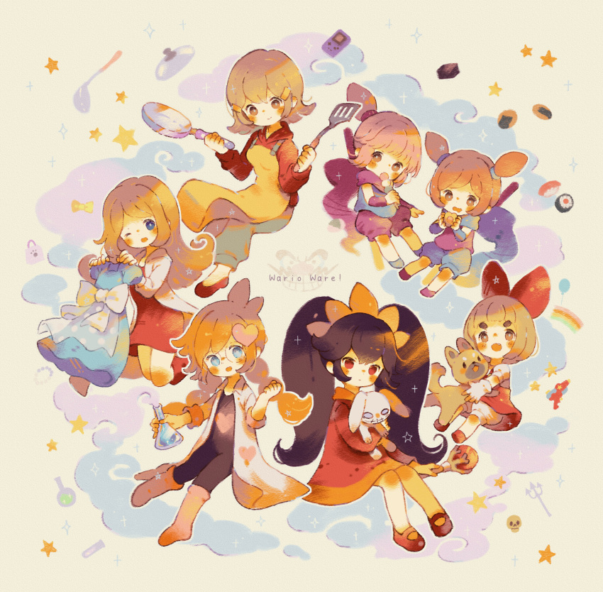 5-volt 6+girls absurdres ana_(warioware) apron ashley_(warioware) black_hair black_jumpsuit blue_eyes blue_scarf bow braid brown_hair canine double_bun dress food frying_pan game_boy game_boy_color hair_bun hair_ornament hairbow handheld_game_console heart highres holding holding_frying_pan holding_stuffed_toy hood hoodie jumpsuit kat_(warioware) lab_coat low_twin_braids lulu_(warioware) mokumo mona_(warioware) multiple_girls one_eye_closed orange_hair penny_crygor pink_footwear purple_scarf red_bow red_dress red_eyes red_hoodie scarf single_hair_bun spatula star_(symbol) stuffed_animal stuffed_toy twin_braids twintails warioware yellow_apron