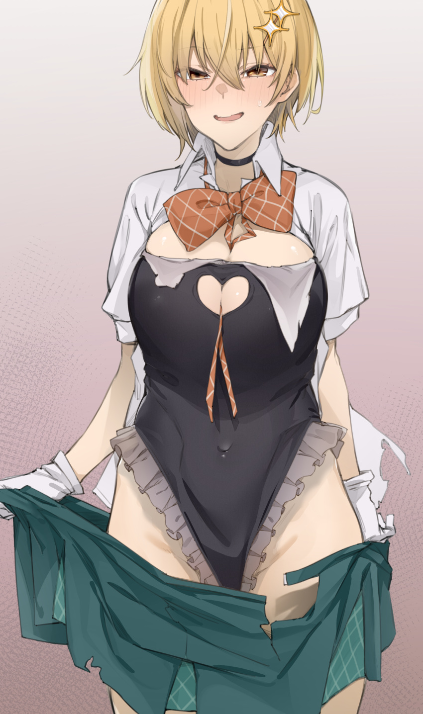 absurdres between_breasts black_choker black_one-piece_swimsuit blonde_hair blush bow bowtie breasts choker clothing_cutout collared_shirt commentary_request covered_navel dokyuu_hentai_hxeros dress_shirt female frilled_one-piece_swimsuit frills gloves gradient_background green_skirt hair_between_eyes heart_cutout highres hoshino_kirara large_breasts looking_at_viewer one-piece_swimsuit open_clothes open_mouth open_shirt red_bow red_bowtie shirt short_hair short_sleeves simple_background skirt solo sparkle_hair_ornament standing swimsuit swimsuit_under_clothes torn_clothes undressing uno_ryoku white_gloves white_shirt yellow_eyes