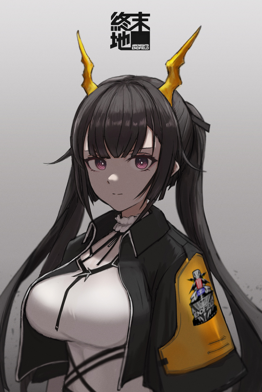 arknights arknights:_endfield black_hair black_jacket breasts chen_qianyu_(arknights) closed_mouth copyright_name cropped_jacket dragon_horns emblem female gradient_background grey_background highres horns impossible_clothes impossible_shirt jacket large_breasts looking_at_viewer open_clothes open_jacket prototype_design purple_eyes shirt smile solo suzutaro twintails upper_body white_shirt