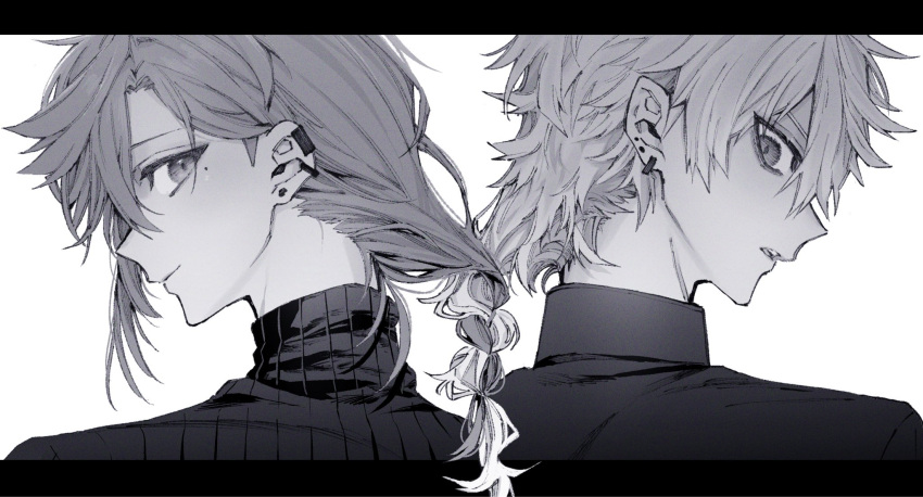 2boys braid closed_mouth ear_piercing greyscale hair_between_eyes highres intertwined_hair kanae_(nijisanji) kuzuha_(nijisanji) letterboxed looking_at_viewer maki_keigo male_focus mole mole_under_eye monochrome multiple_boys nijisanji parted_lips piercing ponytail portrait ribbed_sweater simple_background sweater virtual_youtuber