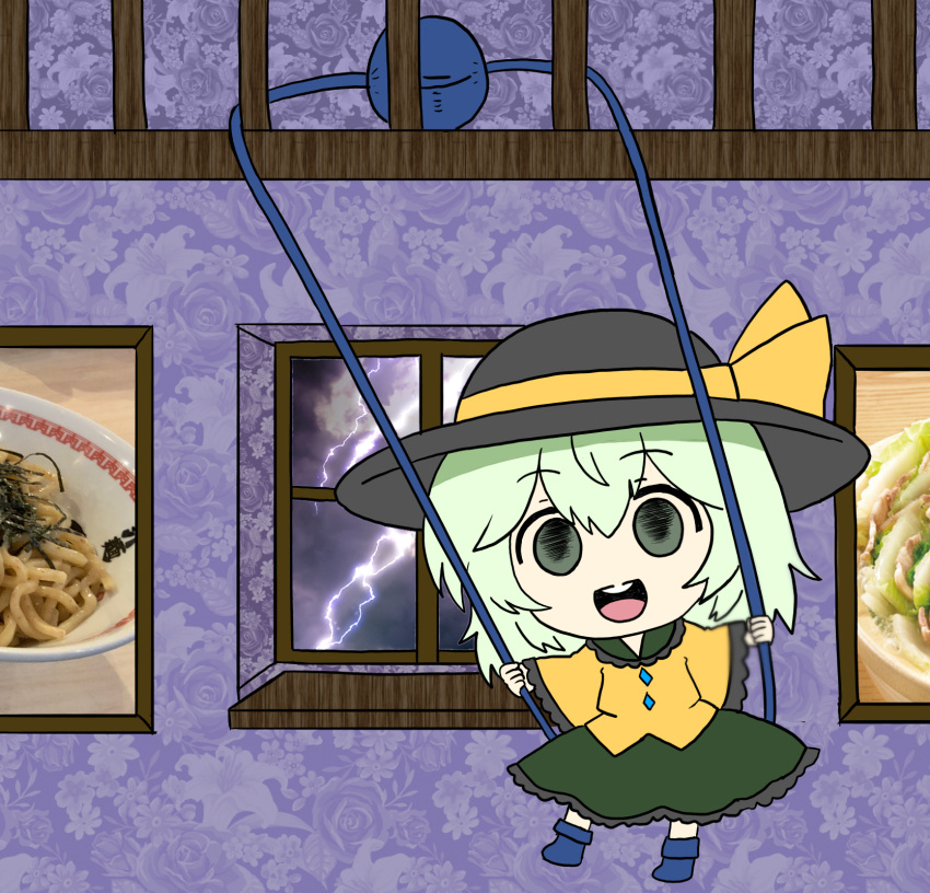 :d black_hat blouse blue_footwear boots buttons chibi collared_shirt diamond_button eyeball female food frilled_shirt_collar frilled_skirt frilled_sleeves frills full_body green_eyes green_skirt hair_between_eyes hat hat_ribbon highres indoors komeiji_koishi light_green_hair lightning long_skirt long_sleeves medium_hair open_mouth pasta ribbon round_teeth shirt skirt smile solo spaghetti storm swinging teeth third_eye touhou upper_teeth_only washiwa wavy_hair wide_sleeves window yellow_ribbon yellow_shirt