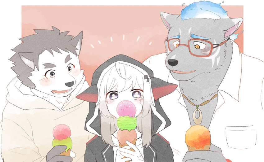 anthro blonde_hair blush canid canine canis clothing dessert dog_operator domestic_dog dress_shirt eating eyewear female food furlong_(live_a_hero) glasses group hair hi_res hood hoodie human hyena ice_cream jewelry lifewonders live_a_hero male mammal melide necklace one_konta1123 protagonist_(live_a_hero) shirt topwear trio