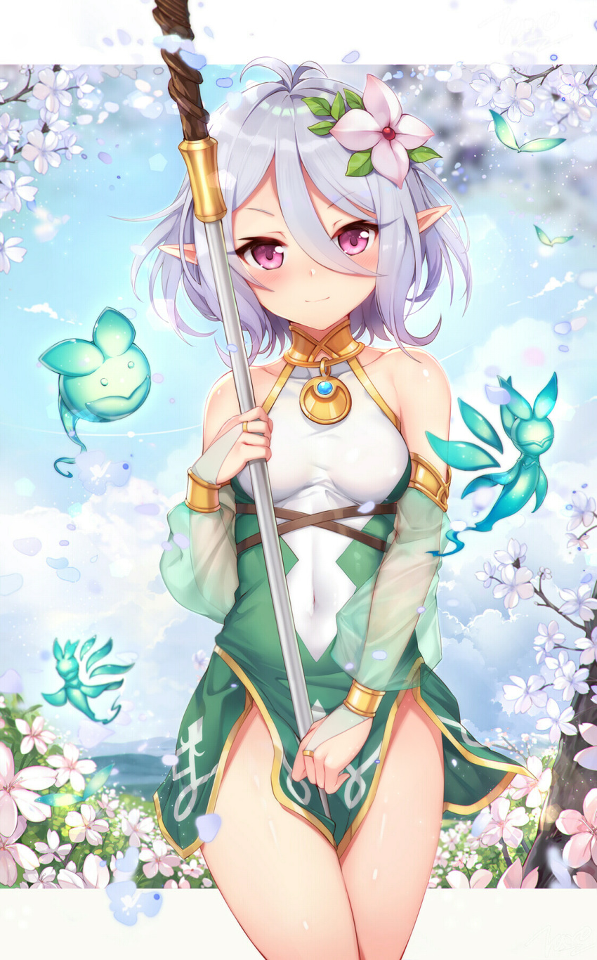 antenna_hair bare_shoulders blue_sky blush breasts closed_mouth cloud collarbone covered_navel cowboy_shot creature day detached_sleeves dress elf female floating flower grey_hair hair_between_eyes hair_flower hair_ornament highres holding holding_staff kokkoro_(princess_connect!) leaf long_sleeves looking_at_viewer outdoors outside_border petals pink_flower pointy_ears princess_connect! purple_eyes revision see-through short_dress short_hair sky small_breasts smile solo staff taro_(ultrataro) thighs two-tone_dress