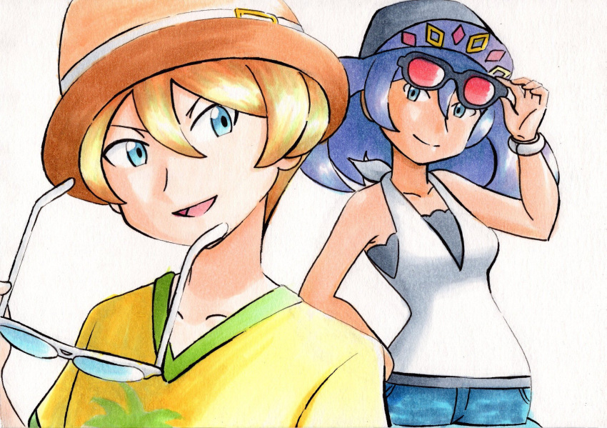 1boy adjusting_eyewear black-framed_eyewear blonde_hair blue_eyes blue_shorts bracelet closed_mouth commentary_request dexio_(pokemon) female hair_between_eyes hand_up hat highres holding holding_removed_eyewear jewelry long_hair looking_at_viewer oka_mochi open_mouth orange_headwear pokemon pokemon_sm purple_hair shirt short_hair short_sleeves shorts sina_(pokemon) sleeveless sleeveless_shirt smile tongue traditional_media unworn_eyewear white-framed_eyewear white_background white_shirt yellow_shirt