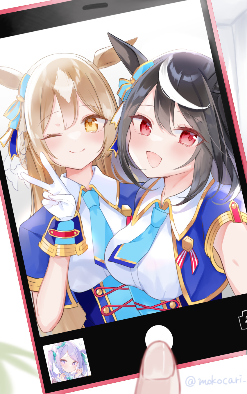 2girls :d ;) absurdres animal_ears black_hair blue_jacket blue_necktie breasts brown_eyes brown_hair cellphone cellphone_photo closed_mouth collared_shirt commentary_request cropped_jacket glorious_azure_costume_(umamusume) hair_between_eyes hand_up highres holding holding_phone horse_ears horse_girl jacket kitasan_black_(umamusume) long_hair medium_breasts mejiro_mcqueen_(umamusume) moko_(mokochisa) multicolored_hair multiple_girls necktie one_eye_closed open_clothes open_jacket open_mouth outstretched_arm phone red_eyes satono_diamond_(umamusume) selfie shirt short_necktie short_sleeves smile streaked_hair twitter_username umamusume upper_body white_hair white_shirt