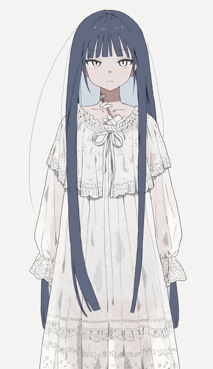 arms_at_sides bandage_on_neck blue_hair blunt_bangs closed_mouth empty_eyes expressionless feet_out_of_frame female gauze_on_chest highres lace-trimmed_nightgown light_frown long_hair long_sleeves looking_at_viewer loose_hair_strand nightgown original puffy_long_sleeves puffy_sleeves scar scar_on_chest scar_on_neck see-through_silhouette shirout00 sidelocks simple_background slit_pupils solo standing straight-on tsurime very_long_hair white_background white_eyes white_nightgown