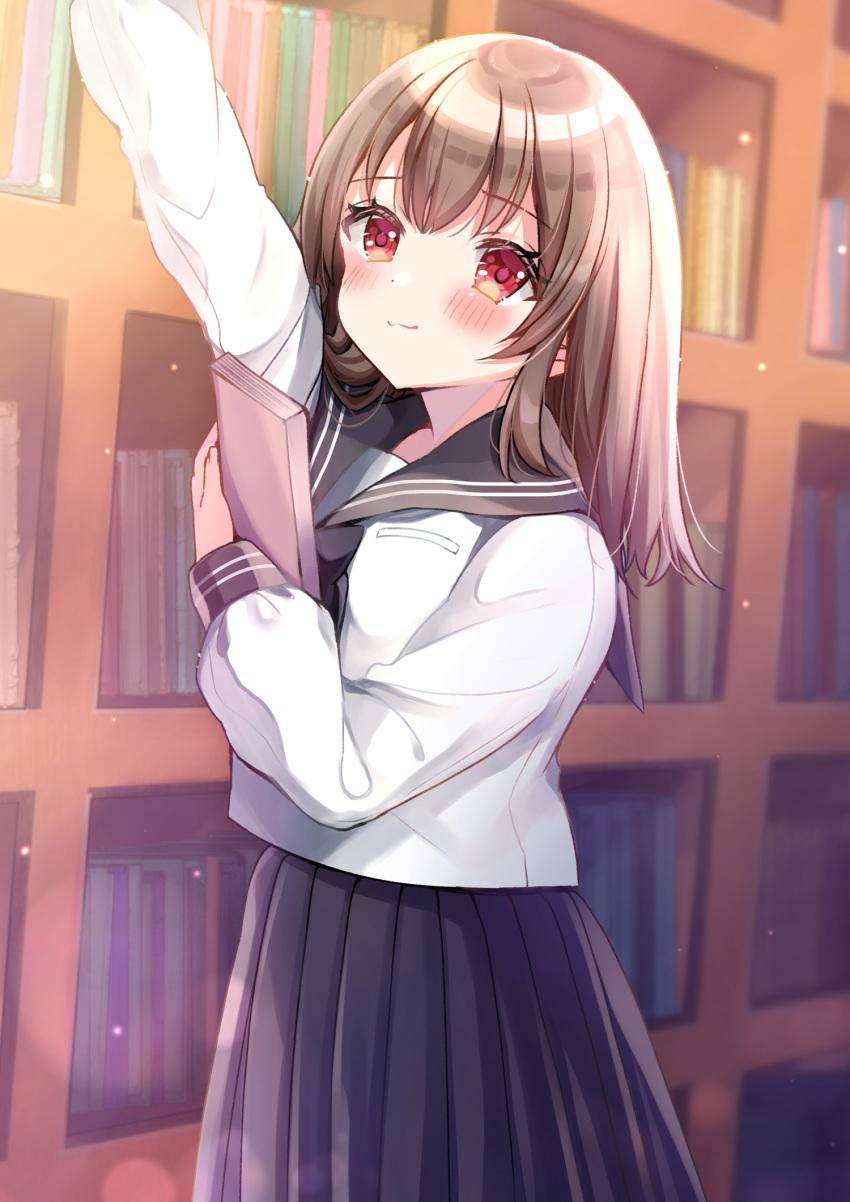 :3 arm_up bad_id bad_pixiv_id black_sailor_collar black_skirt blurry blurry_background blush book bookshelf brown_hair closed_mouth commentary_request depth_of_field female hair_between_eyes highres holding holding_book indoors library long_hair looking_at_viewer minami_saki original pleated_skirt reaching red_eyes sailor_collar school_uniform serafuku shelving_book shirt skirt solo standing white_shirt