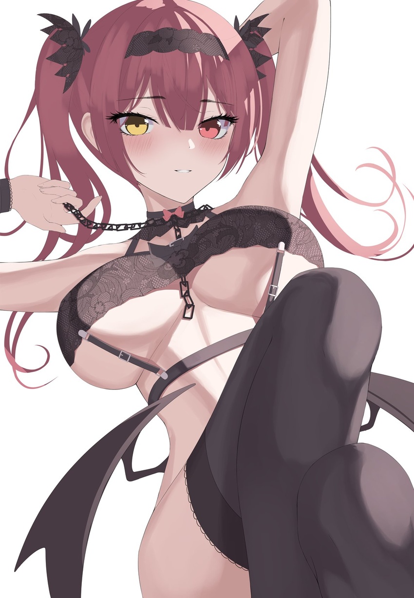 bad_id bad_twitter_id bat_wings black_thighhighs breasts chains choker cleavage collar female heterochromia highres hololive houshou_marine large_breasts legs_up lingerie long_hair marinesnow multicolored_eyes navel red_eyes red_hair solo thighhighs underboob underwear virtual_youtuber wings