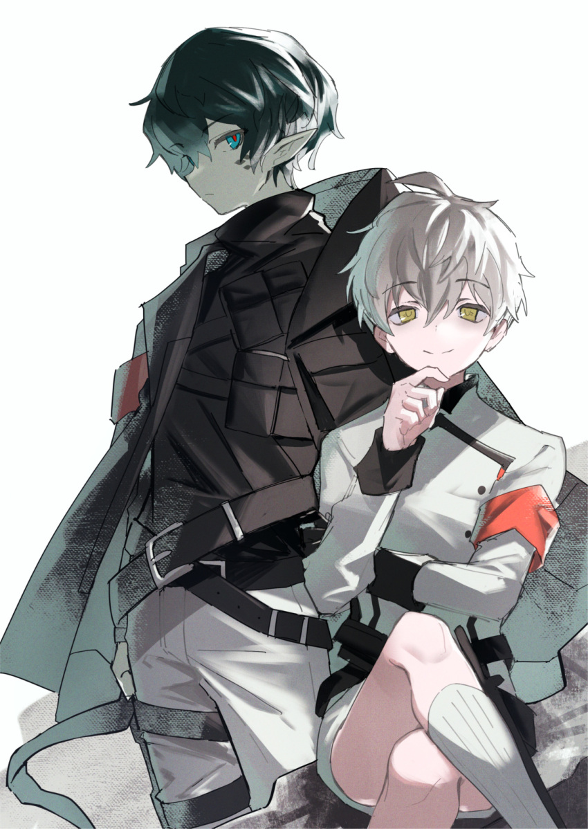 2boys ahoge arknights armband blue_eyes closed_mouth crossed_legs faust_(arknights) green_eyes hair_between_eyes hayama_eishi highres jacket kneehighs long_sleeves male_focus mephisto_(arknights) monster_boy multiple_boys pants pointy_ears shorts simple_background smile socks white_hair white_legwear white_pants white_shorts