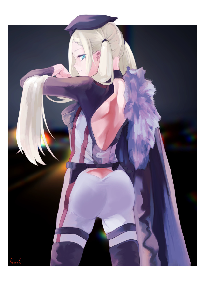 a-545_(girls'_frontline) absurdres aqua_eyes arm_up artist_name ass back backless_dress backless_outfit bare_back black_cape black_footwear blonde_hair bodysuit boots border braid cape closed_mouth dress feet_out_of_frame female from_behind fur-trimmed_cape fur_trim girls'_frontline hair_ornament hair_scrunchie highres long_hair looking_back multicolored_bodysuit multicolored_clothes scrunchie side_braid simple_background smile solo standing sugac thigh_boots thighs twintails white_border