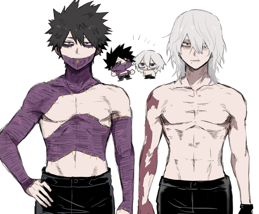 2boys ametaro_(ixxxzu) black_hair black_pants blue_eyes boku_no_hero_academia burn_scar cheek_piercing chibi chibi_inset dabi_(boku_no_hero_academia) ear_piercing highres male_focus multiple_boys multiple_piercings multiple_scars pants piercing red_eyes scar scar_on_arm scar_on_chest shigaraki_tomura short_hair simple_background spiked_hair staple stapled stitches topless_male white_background white_hair wrinkled_skin