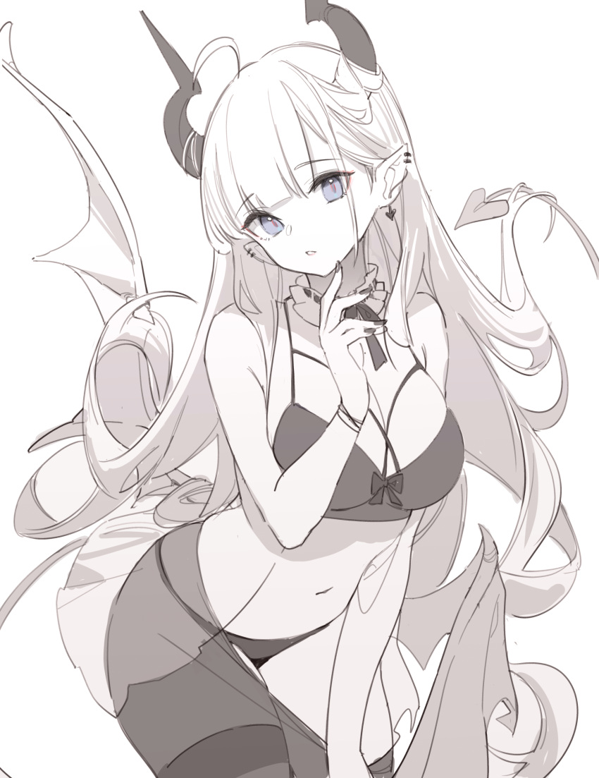 arched_back bad_id bad_twitter_id blue_eyes bra demon_girl demon_horns demon_tail demon_wings ear_piercing earrings female finger_to_cheek greyscale hair_on_horn highres horns jewelry leaning_forward lingerie looking_at_viewer monochrome nekojira original panties piercing pointy_ears simple_background spot_color tail thea_(nekojira) underwear wings