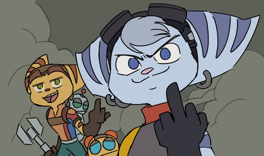 anthro clank_(ratchet_and_clank) clothing ear_piercing ear_ring eyewear eyewear_on_head female gesture gloves goggles goggles_on_head goodboytown group hand_gesture handwear hi_res holding_object holding_weapon kit_(ratchet_and_clank) lombax looking_at_viewer machine male mammal mechanical_arm middle_finger open_mouth open_smile piercing ratchet_(ratchet_and_clank) ratchet_and_clank ring_piercing rivet_(ratchet_and_clank) robot scarf smile smoke sony_corporation sony_interactive_entertainment striped_body stripes tongue weapon