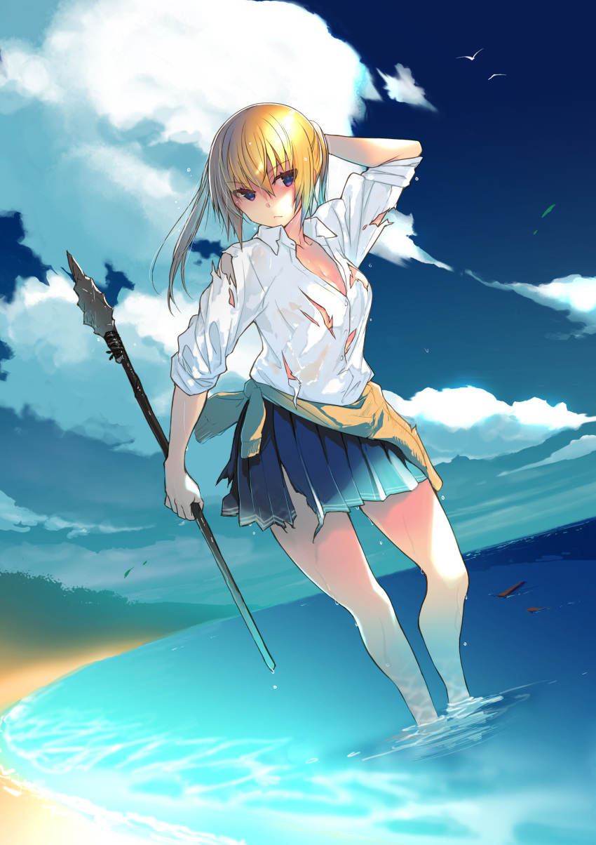 absurdres beach bird blonde_hair blue_eyes breasts cleavage clothes_around_waist cloud commentary_request day dutch_angle female highres medium_breasts miniskirt ocean official_art onishima_homare outdoors pleated_skirt polearm sagara_riri school_uniform seagull shirt skirt sky sleeves_rolled_up solo sounan_desuka? spear standing torn_clothes torn_shirt torn_skirt twintails wading water weapon white_shirt wind