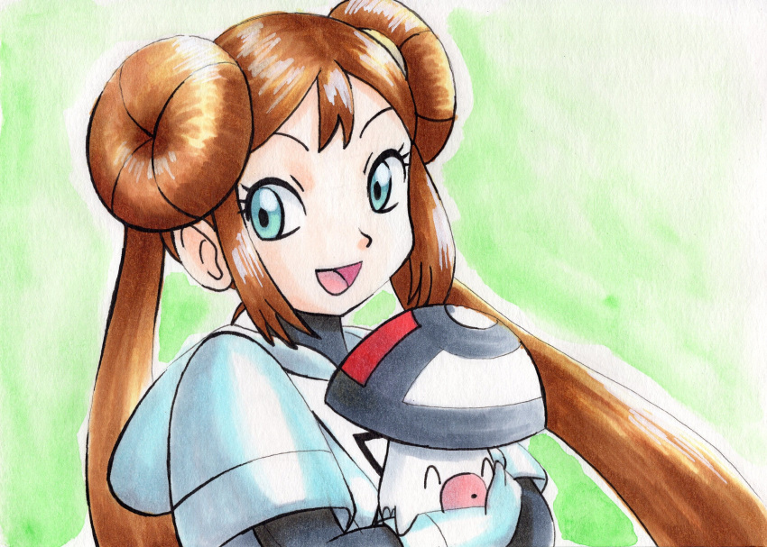 :d black_undershirt brown_hair commentary_request double_bun eyelashes female foongus gloves green_background green_eyes hair_bun highres holding holding_pokemon long_hair oka_mochi open_mouth pokemon pokemon_(creature) pokemon_adventures protected_link rosa_(pokemon) sidelocks smile team_plasma_uniform tongue traditional_media undershirt upper_body