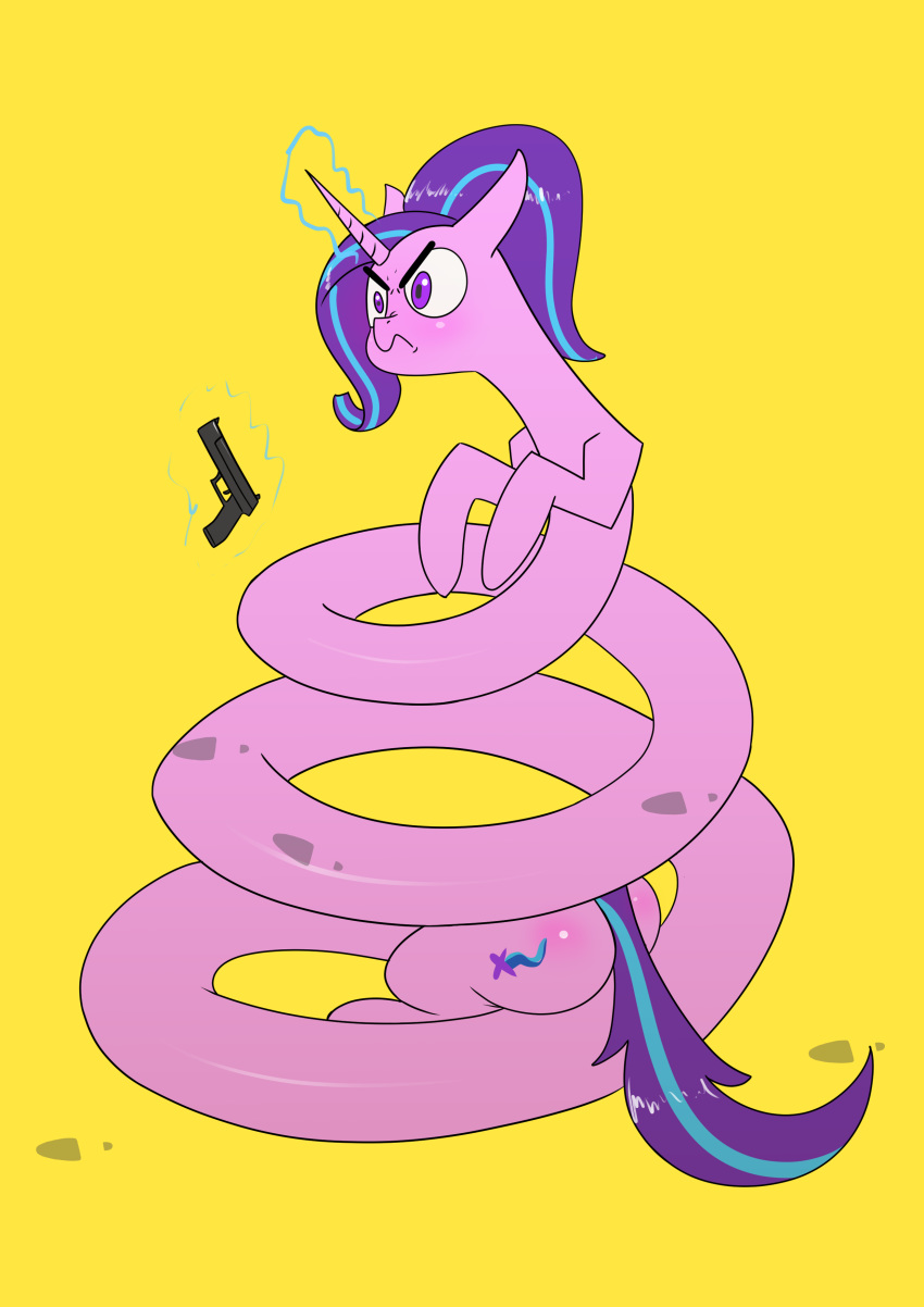 2020 absurd_res annoyed blush don't_tread_on_me equid equine female feral friendship_is_magic gadsden_flag gun handgun hasbro hi_res horn long_body mammal my_little_pony mythological_creature mythological_equine mythology purple_eyes ranged_weapon shoeprint solo starlight_glimmer_(mlp) underpable unicorn weapon what why