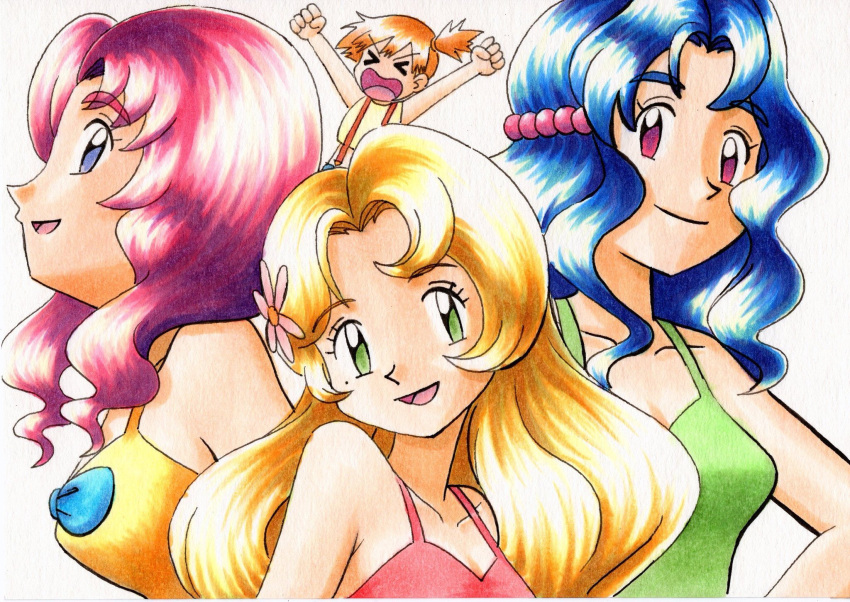 >_< 4girls arms_up bare_arms blonde_hair blue_bow blue_hair bow clenched_hands closed_mouth collarbone commentary_request daisy_(pokemon) eyelashes green_eyes highres kasumi_(pokemon) lily_(pokemon) long_hair multiple_girls oka_mochi one_side_up open_mouth orange_hair pink_hair pokemon pokemon_(anime) pokemon_(classic_anime) protected_link purple_eyes shirt short_hair shorts siblings sisters sleeveless sleeveless_shirt smile suspenders tongue traditional_media violet_(pokemon) white_background yellow_shirt