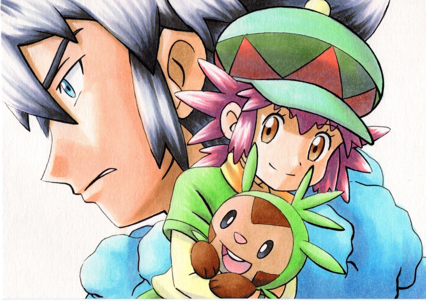 1boy alain_(pokemon) black_hair blue_eyes blue_scarf brown_eyes chespin closed_mouth commentary_request eyelashes female frown green_headwear hat highres holding holding_pokemon mairin_(pokemon) oka_mochi parted_lips pokemon pokemon_(anime) pokemon_(creature) pokemon_xy_(anime) protected_link purple_hair scarf short_hair smile split_mouth traditional_media white_background yellow_scarf