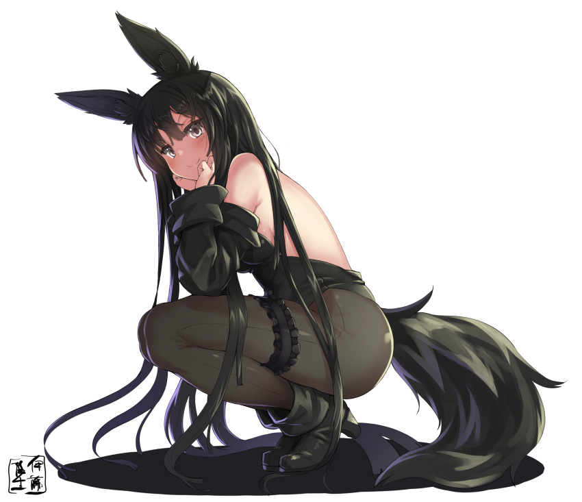 animal_ears backless_leotard backless_outfit black_footwear black_hair black_leotard black_pantyhose blush boots breasts commentary_request detached_sleeves female from_side full_body head_rest highres itou_ryuusei leotard long_hair long_sleeves looking_at_viewer original pantyhose playboy_bunny shoes sideboob simple_background smile solo squatting strapless strapless_leotard tail thigh_strap very_long_hair white_background