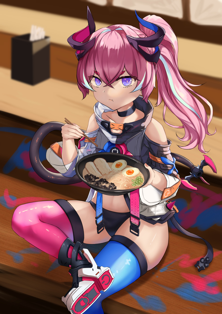 :t absurdres asymmetrical_legwear bare_shoulders black_choker black_panties blue_hair blue_thighhighs blurry blurry_background bowl choker chopsticks collarbone commentary_request depth_of_field eating female figure_four_sitting food hair_between_eyes highres holding holding_bowl holding_chopsticks honkai_(series) honkai_impact_3rd horns jacket long_hair looking_at_viewer mismatched_legwear multicolored_hair noodles panties pink_thighhighs ponytail power_symbol purple_eyes ramen rozaliya_olenyeva rozaliya_olenyeva_(fervent_tempo) shoe_soles short_eyebrows sitting solo streaked_hair tail thick_eyebrows thighhighs tsukimi_no_72 underwear white_footwear