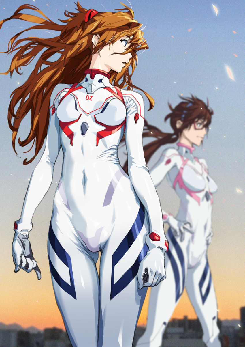 2girls arms_at_sides ass_visible_through_thighs blue_eyes blurry bodysuit breasts brown_hair commentary covered_navel depth_of_field evangelion:_3.0+1.0_thrice_upon_a_time floating_hair glasses gloves hands_on_own_hips headgear highres interface_headset kiyohisa long_hair looking_to_the_side makinami_mari_illustrious multiple_girls neon_genesis_evangelion open_mouth outdoors pilot_suit plugsuit rebuild_of_evangelion science_fiction skin_tight souryuu_asuka_langley standing white_bodysuit wind