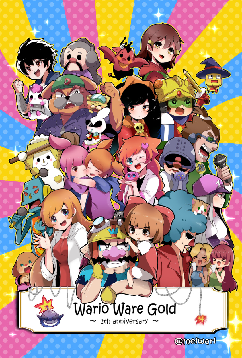 13-amp 18-volt 5-volt 6+boys 6+girls 9-volt alien ana_(warioware) animal_on_head ashley_(warioware) black_hair blue_eyes blue_hair bow brown_hair cat_on_head coat demon demon_horns demon_tail demon_wings doris_1_(warioware) double_bun dr._crygor dress dribble_(warioware) facial_hair feline fronk furry furry_male hair_bun hair_ornament hairbow heart heart_hair_ornament helmet herunia_kokuoji highres horns jimmy_t joe_(warioware) kat_(warioware) long_hair master_mantis microphone mike_(warioware) mona_(warioware) motorcycle_helmet moustache multiple_boys multiple_girls on_head one_eye_closed open_mouth orange_hair orbulon penny_crygor pink_hair red_(warioware) red_bow red_dress robot single_hair_bun smile spitz sunglasses tail wario warioware warioware_gold white_coat wings young_cricket