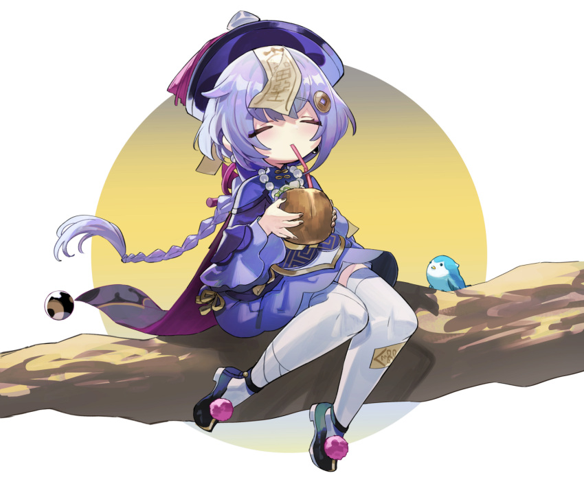 bird black_footwear braid chinese_clothes closed_eyes coconut coin_hair_ornament drinking drinking_straw female fruit_cup full_body genshin_impact hair_ornament hat hayama_eishi highres long_hair pom_pom_(clothes) purple_hair purple_hat qiqi_(genshin_impact) shoes single_braid sitting solo thighhighs white_thighhighs