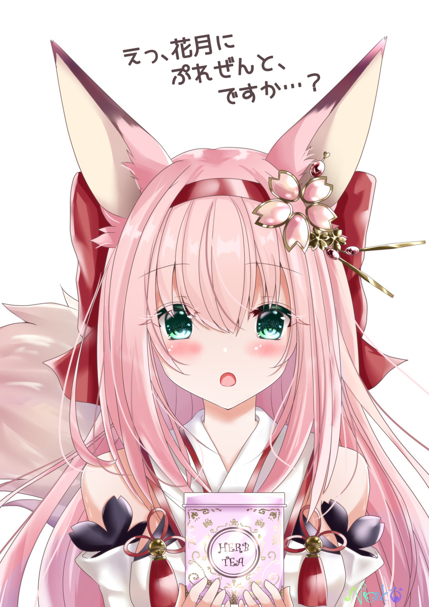 absurdres animal_ears azur_lane bare_shoulders blush breasts female flower fox_ears fox_girl fox_tail gift green_eyes hair_flower hair_ornament hairband hanazuki_(azur_lane) highres holding holding_gift japanese_clothes kimono long_hair looking_at_viewer medium_breasts nako_nya open_mouth pink_flower pink_hair simple_background smile solo tail tea translated white_background white_kimono