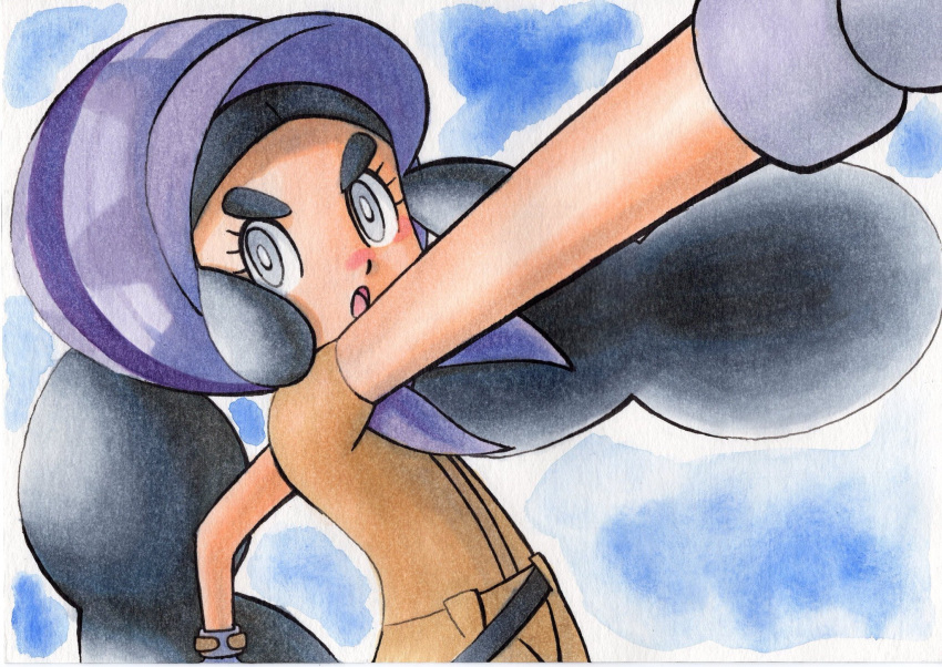 belt black_belt black_hair blush bonnet brown_jumpsuit commentary_request eyelashes female gloves grey_eyes grey_gloves hapu_(pokemon) highres jumpsuit long_hair nose_blush oka_mochi open_mouth outstretched_arm pokemon pokemon_(anime) pokemon_sm_(anime) purple_headwear short_sleeves solo thick_eyebrows tongue traditional_media twintails