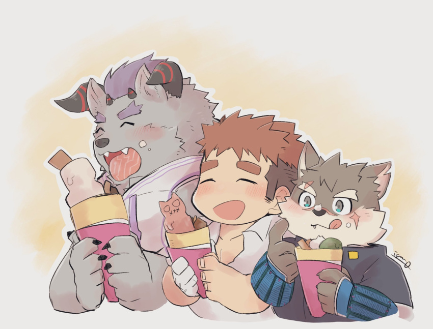 anthro behemoth_(tas) blush canid canine canis chibi crepe domestic_dog eating eyebrows group hi_res horn human igarashi_ta licking licking_lips lifewonders male mammal monster moritaka_(tas) ryouta_yakushimaru scar thick_eyebrows tokyo_afterschool_summoners tongue tongue_out trio