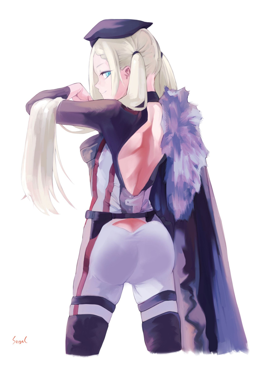 a-545_(girls'_frontline) absurdres aqua_eyes arm_up artist_name ass back backless_dress backless_outfit bare_back black_cape black_footwear blonde_hair bodysuit boots braid cape closed_mouth dress feet_out_of_frame female from_behind fur-trimmed_cape fur_trim girls'_frontline hair_ornament hair_scrunchie highres long_hair looking_back multicolored_bodysuit multicolored_clothes scrunchie side_braid smile solo standing sugac thigh_boots thighs twintails white_background