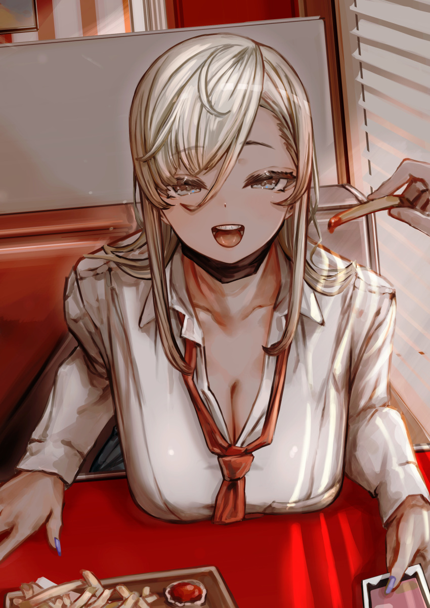 1other :d absurdres blonde_hair blue_eyes breasts cellphone cleavage dark_skin female food french_fries hair_between_eyes highres ketchup long_hair necktie open_mouth original phone pov purple_nails school_uniform smartphone smile soleil_(soleilmtfbwy03) teeth tongue