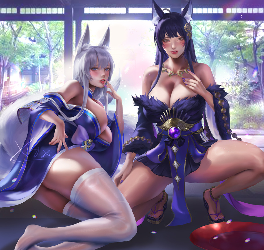 2girls animal_ears artist_name azur_lane beads blue_eyes breasts brown_eyes facial_mark fox_ears fox_girl fox_tail fur_trim gem grey_hair hair_ornament highres huge_breasts japanese_clothes jewelry kimono kitsune kyuubi large_tail lips long_hair long_sleeves looking_at_viewer lying magatama magatama_necklace miniskirt multiple_girls multiple_tails musashi_(azur_lane) nail_polish necklace nose obi on_side pleated_skirt prayer_beads purple_gemstone purple_hair purple_kimono purple_nails sandals sash shinano_(azur_lane) short_kimono skirt tail thick_thighs thighhighs thighs toenail_polish toenails tongue tongue_out very_long_hair whisker_markings white_tail wide_sleeves xixi_(xixihenlan_ing) zettai_ryouiki zouri