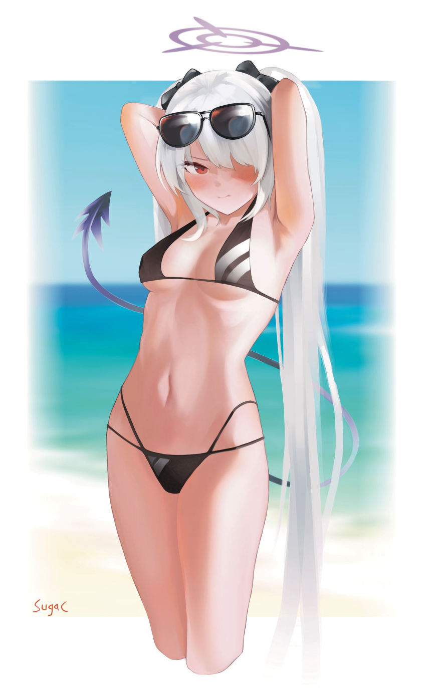 absurdres armpits arms_behind_head artist_name beach bikini black_bikini black_bow blue_archive blush bow breasts closed_mouth cropped_legs demon_tail eyewear_on_head feet_out_of_frame female hair_over_one_eye hairbow halo highres iori_(blue_archive) iori_(swimsuit)_(blue_archive) long_hair looking_at_viewer multi-strapped_bikini_bottom navel official_alternate_costume presenting_armpit red_eyes simple_background small_breasts solo standing stomach sugac sunglasses swimsuit tail twintails very_long_hair white_hair