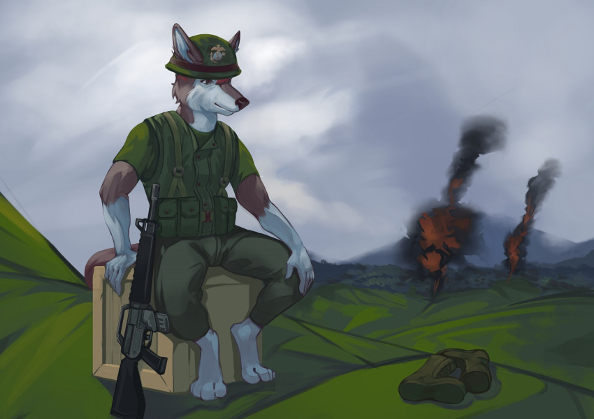 2020 anthro assault_rifle belt_pouch boots canid canine canis clothed clothing combat_boots crate detailed_background domestic_dog fire footwear fur gun hill hillside husky inner_ear_fluff looking_down m16 m16a1 male mammal marine_corps military military_clothing military_helmet military_pants military_uniform mountain nordic_sled_dog ranged_weapon red_body red_fur rifle sitting sky skyscape smoke solo spitz thepimpartist traditional_media_(artwork) tuft u.s._army uniform united_states_marine_corps vietnam_war weapon white_body white_fur