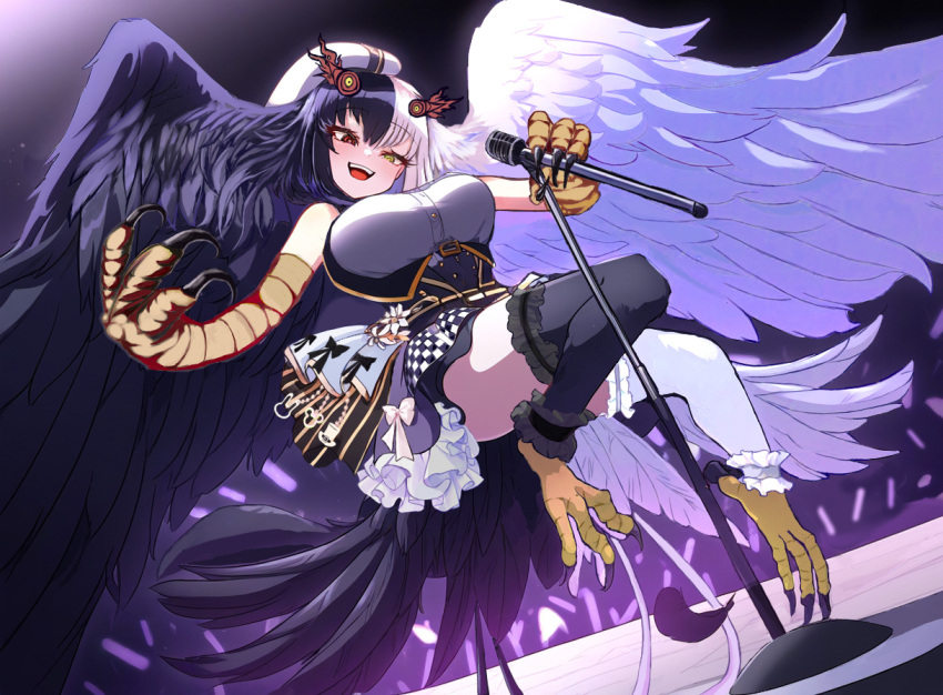 asymmetrical_wings beret black_hair black_souls black_thighhighs black_wings breasts checkered_clothes checkered_skirt claws feathered_wings feathers female frilled_thighhighs frills full_body gensou_roukaku hair_wings half-harpy hat heterochromia holding holding_microphone huge_breasts idol jubjub_(black_souls) long_hair looking_at_viewer microphone microphone_stand mismatched_wings monster_girl multicolored_hair open_mouth red_eyes shirt sidelocks skirt smile solo split-color_hair talons thighhighs very_long_hair white_hat white_shirt white_thighhighs wings yellow_eyes