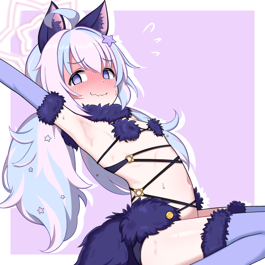 absurdres ahoge animal_ears armpits arms_up bare_shoulders black_panties blue_archive blue_gloves blue_hair blue_thighhighs blush bow chin_chin_(pixiv_96781624) cosplay elbow_gloves fate/grand_order fate_(series) female flat_chest fur-trimmed_gloves fur-trimmed_legwear fur_collar fur_trim gloves halo highres light_blue_hair long_hair looking_at_viewer low_twintails mash_kyrielight mash_kyrielight_(dangerous_beast) mash_kyrielight_(dangerous_beast)_(cosplay) navel o-ring panties pink_hair reisa_(blue_archive) revealing_clothes smile solo tail thighhighs thighs twintails underwear wolf_ears wolf_tail