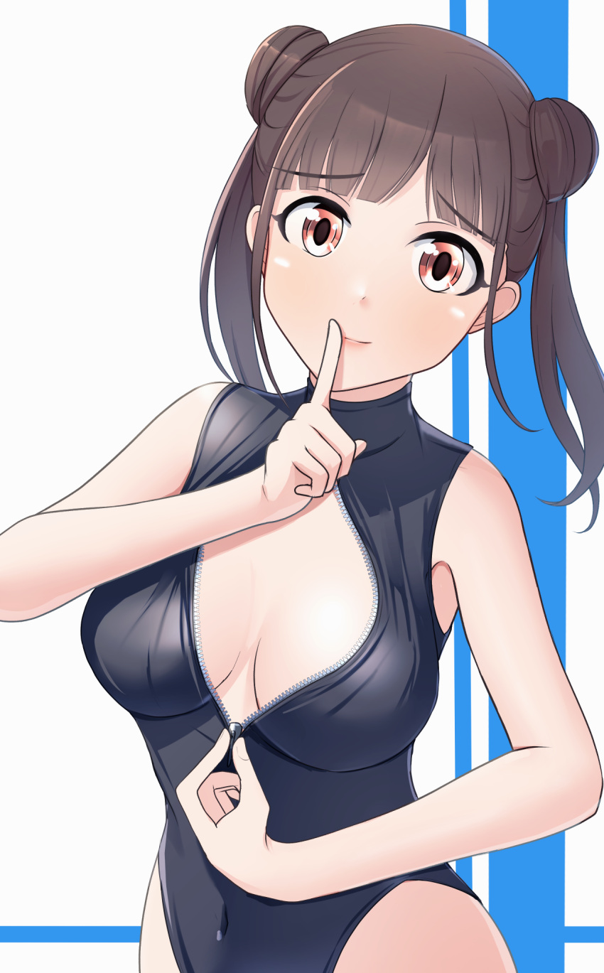 black_one-piece_swimsuit breasts brown_hair covered_navel double_bun female finger_to_mouth front_zipper_swimsuit hair_bun highres idolmaster idolmaster_shiny_colors large_breasts looking_at_viewer meme_attire one-piece_swimsuit red_eyes smile solo sonoda_chiyoko swimsuit thames3 unzipping upper_body