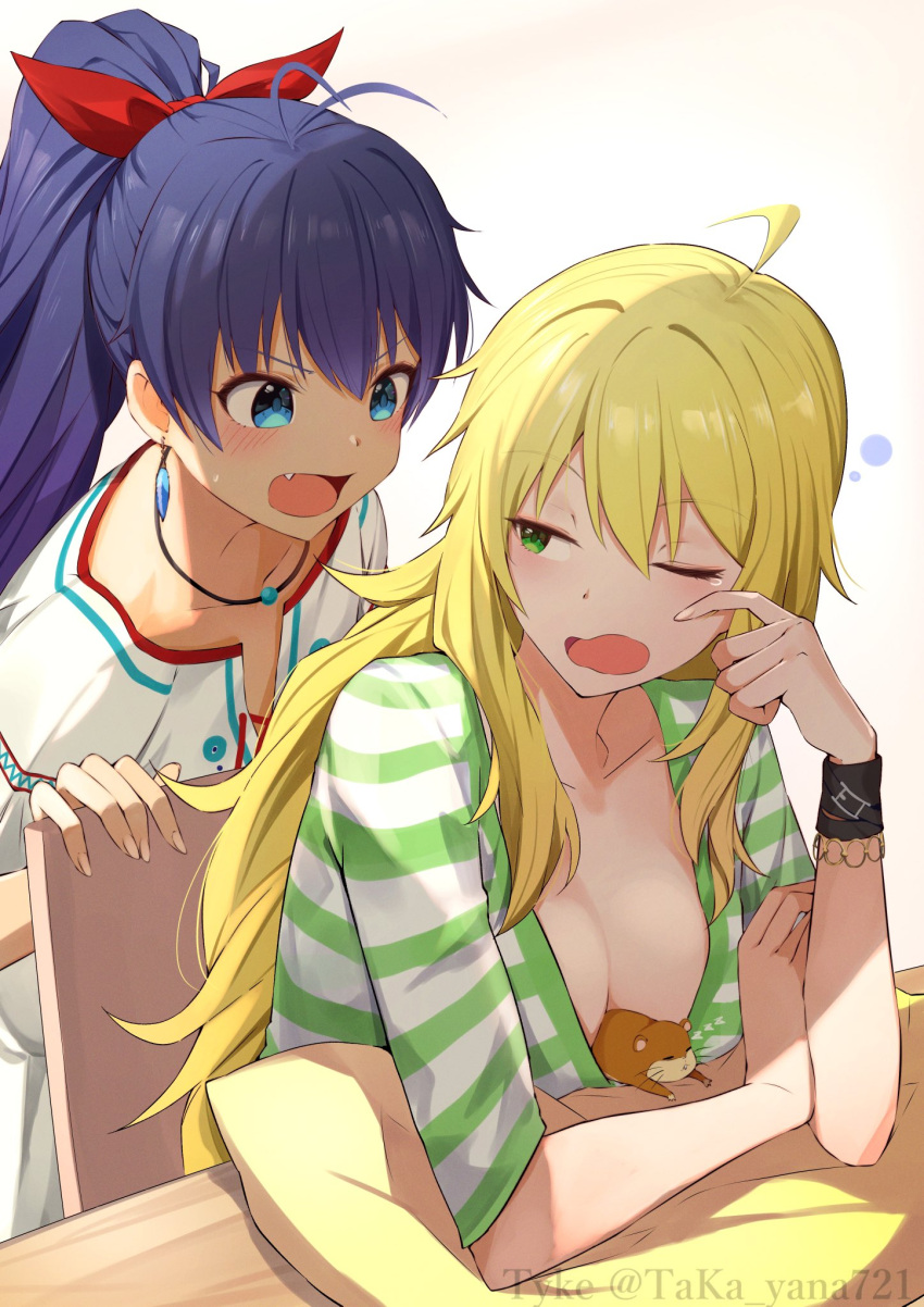 2girls ahoge artist_name between_breasts black_hair blonde_hair blush breasts cleavage collarbone commentary fingernails ganaha_hibiki hamster hamuzou highres hoshii_miki idolmaster idolmaster_(classic) large_breasts looking_at_another multiple_girls oerba_yun_fang ponytail shirt simple_background sitting sleepy squeans striped_clothes striped_shirt taka.yana twitter_username two-tone_shirt v-shaped_eyebrows white_background