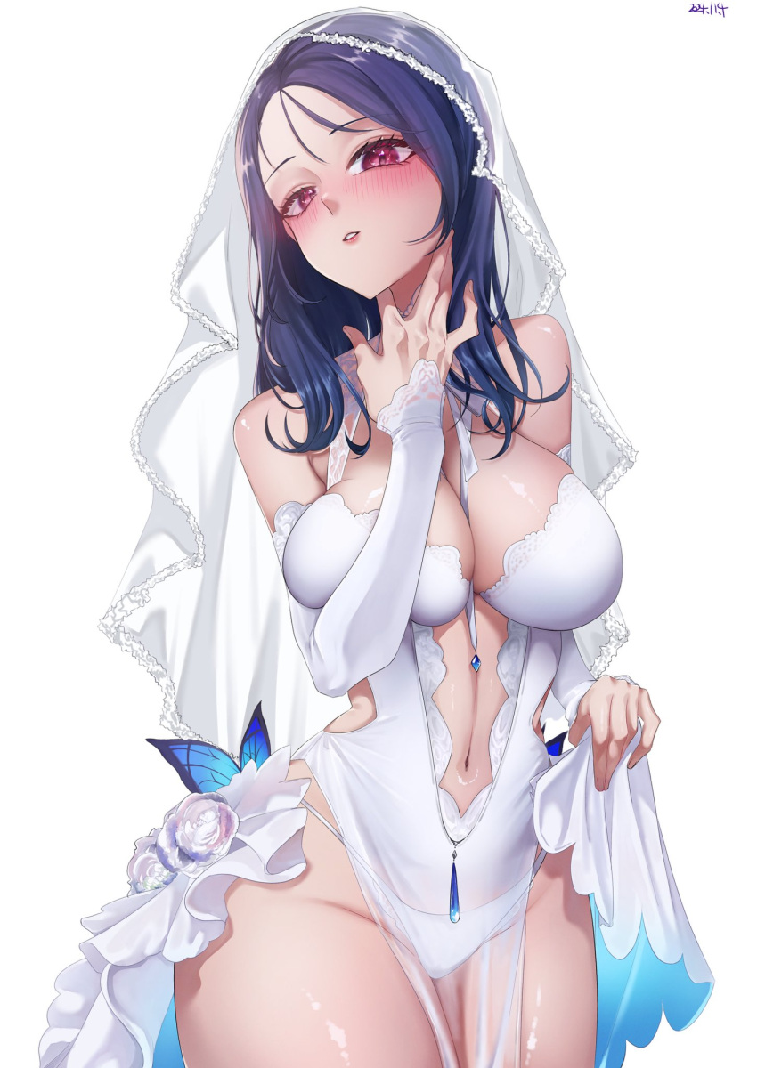 bibie307 blush breasts bridal_veil bug butterfly cleavage corsage covered_navel elbow_gloves female flower frilled_skirt frills gloves goddess_of_victory:_nikke highres isabel_(nikke) large_breasts long_hair looking_at_viewer panties red_eyes see-through_clothes skirt underwear veil white_background white_flower white_panties