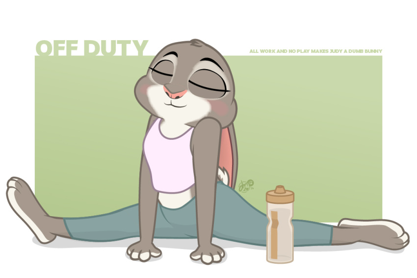 anthro barefoot blush bottle bottomwear closed_eyes clothing container cotton_tail disney dm29 feet female flexible fur grey_body grey_fur judy_hopps lagomorph leporid mammal multicolored_body multicolored_fur pants rabbit shirt solo splits spread_legs spreading stretching tank_top topwear two_tone_body two_tone_fur water_bottle white_body white_fur yoga_pants zootopia