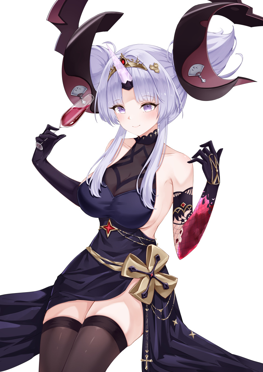 absurdres alcohol asymmetrical_gloves azur_lane bare_shoulders black_gloves breasts brown_thighhighs cleavage commentary cup double_bun dress elbow_gloves female gloves hair_bun highres holding holding_cup horns lace-trimmed_gloves lace_trim large_breasts lieend official_alternate_costume purple_dress purple_eyes purple_hair red_gloves red_wine simple_background single_horn sleeveless sleeveless_dress solo thighhighs watarase_(azur_lane) watarase_(garments_of_everlasting_magic)_(azur_lane) white_background white_horns wine