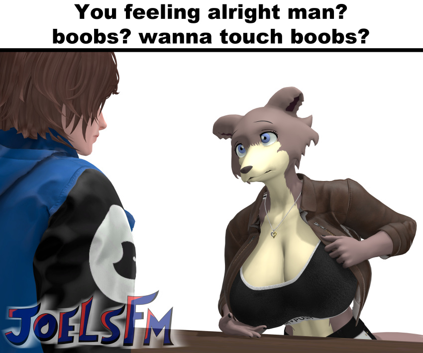 3d_(artwork) absurd_res anthro beastars big_breasts blue_eyes boobs?_wanna_touch_boobs? breasts brown_hair canid canine canis clothed clothing digital_media_(artwork) duo female hair hi_res human humanoid jewelry joelsfm juno_(beastars) male male/female mammal meme necklace self_insert simple_background source_filmmaker_(artwork) text white_background wolf