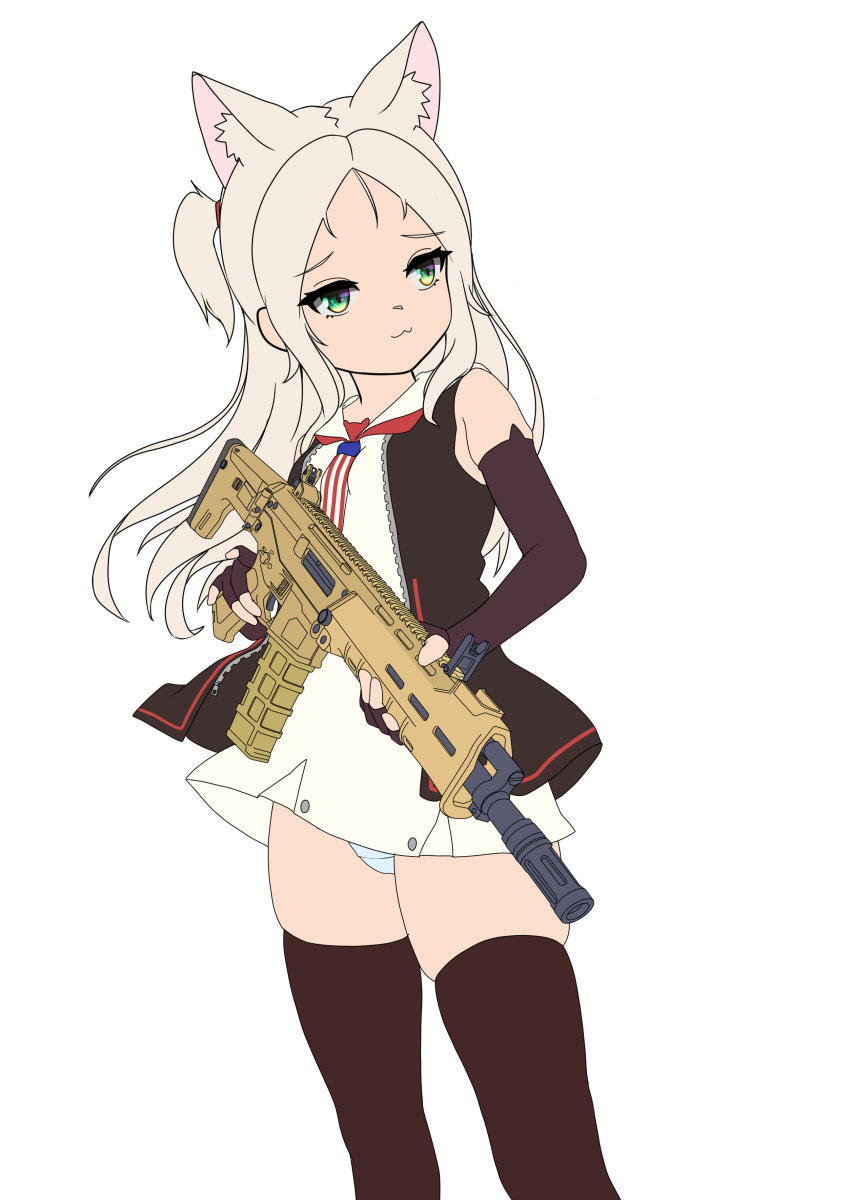 :3 :d absurdres american_flag_neckwear animal_ears azur_lane black_gloves black_vest blue_panties blush cat_ears cat_girl clothes_lift commentary_request dedorudy dress dress_lift female fingerless_gloves from_below gloves green_eyes gun highres holding holding_gun holding_weapon hooded_dress long_hair looking_at_viewer necktie oerba_yun_fang open_clothes open_vest panties pantyshot short_dress sims_(azur_lane) skindentation sleeveless sleeveless_dress smile smug solo standing thighhighs thighs underwear unfinished upskirt very_long_hair vest weapon weapon_request white_dress white_hair wind wind_lift