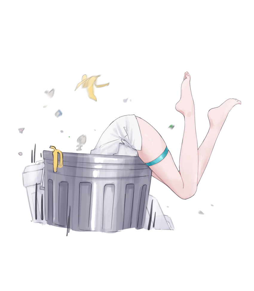 banana_peel bare_legs barefoot commentary english_commentary feet feint721 female fish_bone highres honkai:_star_rail honkai_(series) in_container in_trash_can legs shirt simple_background solo stelle_(honkai:_star_rail) thigh_strap toes trailblazer_(honkai:_star_rail) trash_can white_background white_shirt