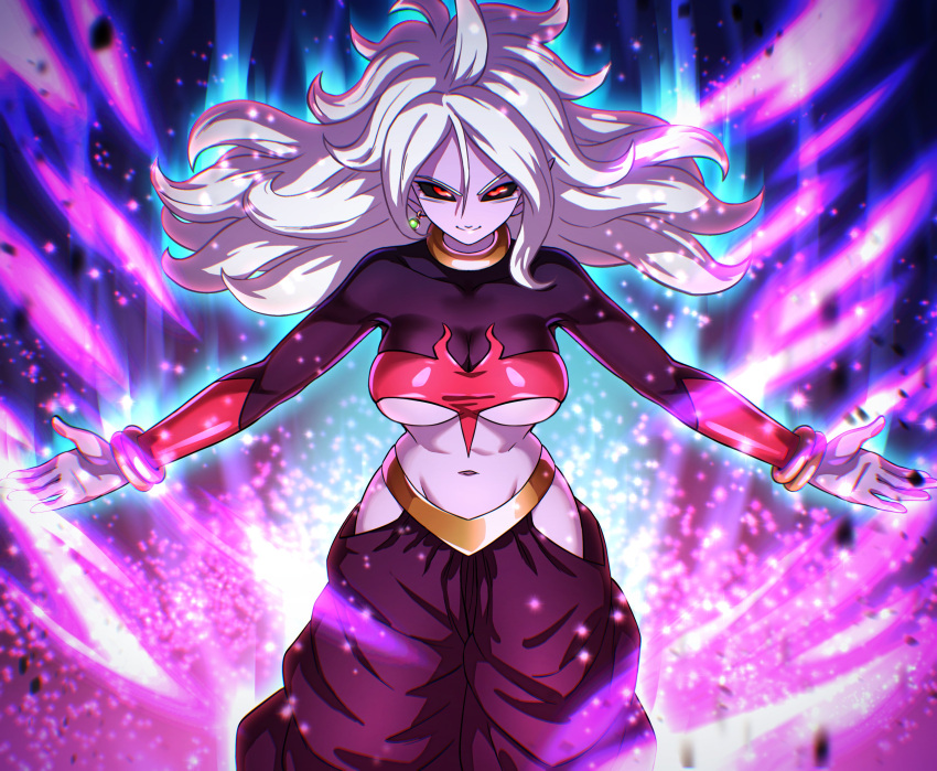 absurdres android_21 aura black_pants black_sclera black_shirt breasts colored_sclera colored_skin cowboy_shot cropped_shirt dragon_ball dragon_ball_fighterz dragon_ball_heroes dragon_ball_online dragon_ball_xenoverse earrings female fusion grey_hair highres hip_vent jewelry large_breasts long_hair majin_android_21 midriff navel pants pea-bean pointy_ears purple_skin red_eyes shirt single_earring solo towa_(dragon_ball)